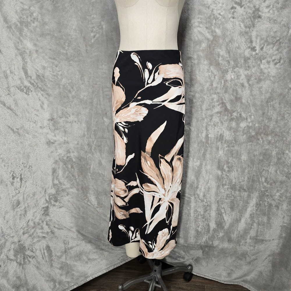 Gracia Maxi Skirt Women M Black Floral Satin Side Zip‎ Boho Resort Minimalist